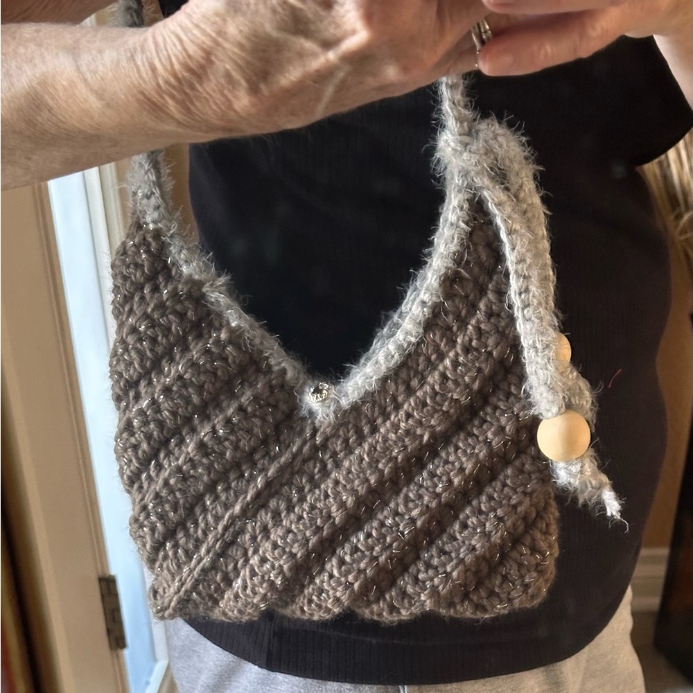 Hand crafted one of a kind hand knit crochet brown hobo style purse handbag
